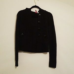 Black knit button down cardigan w pockets & hood